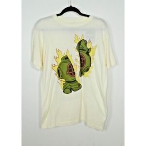 Pink Dolphin T-Shirt Size Medium Ivory Short Sleeve Scuba Flames Graphic Tee‎